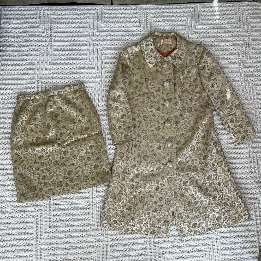 Saks Fifth Avenue 60s Gold Floral Coat and Skirt Set